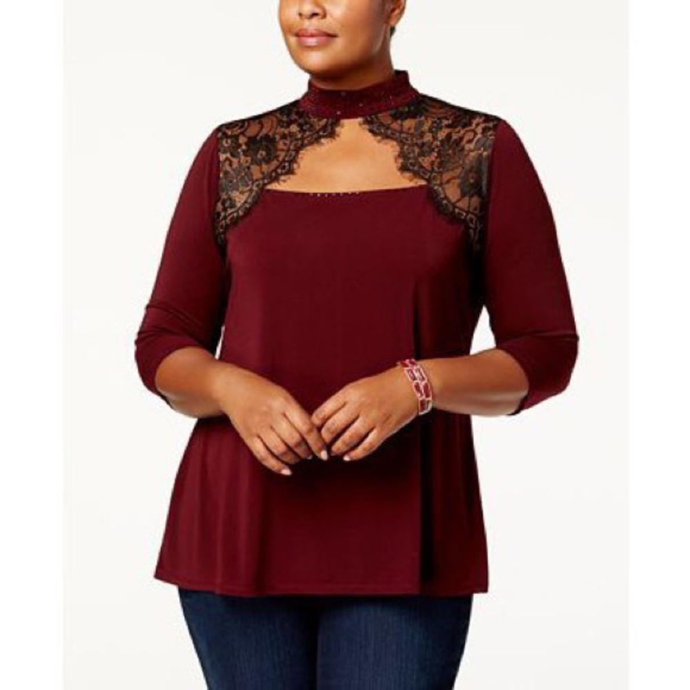 Belldini Plus Size Lace-Trim Mock-Neck Top